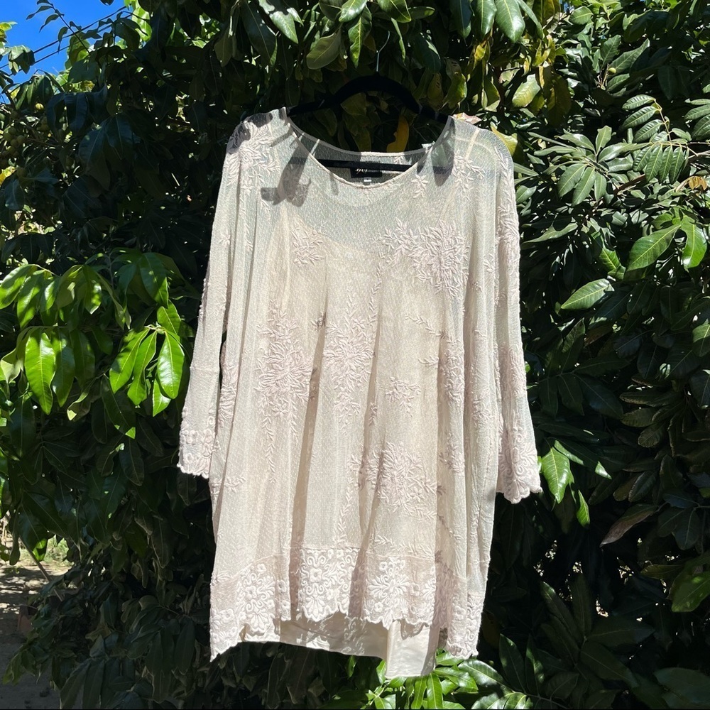 Biya Johnny Was cream tan lace mesh knit tunic top